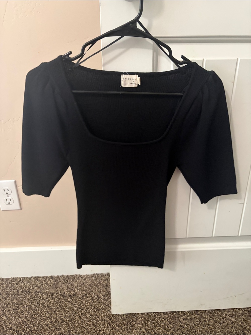 Square Neck Puff Sleeve Slim Fit Top — Black
